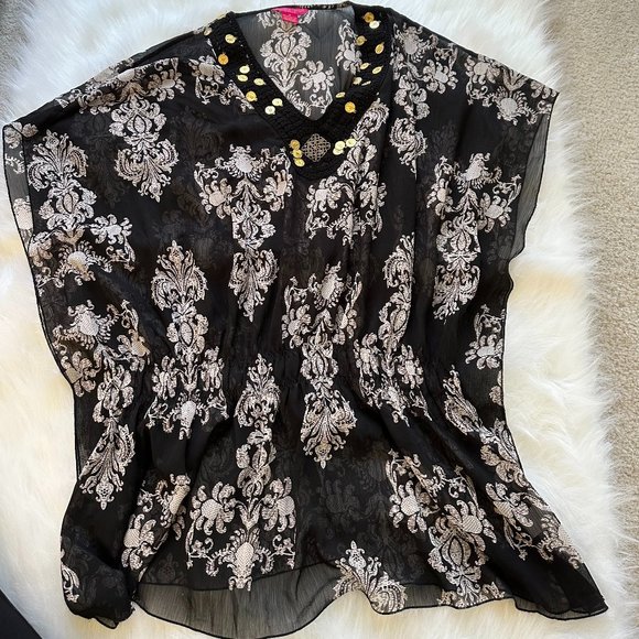 Sunny Leigh Tunic Cover Up Boho Beach Pool Flowy Black Gold Coins Resort Wear 1X - Picture 1 of 8